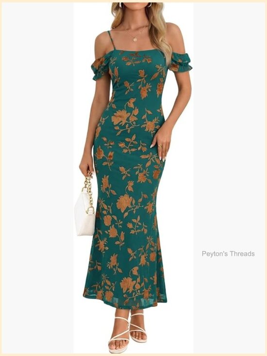 Dresses & Skirts - Off The Shoulder Spaghetti Strap Floral Mesh Maxi Dress